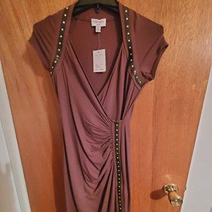 Carmen Marc Valvo Dress, Size S/P, brown with black studded faux leather trim